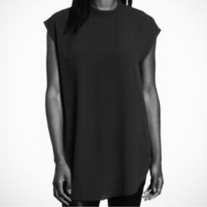 Eileen Fisher Silk Mock Neck Cap Sleeve Tunic Top Black Size M